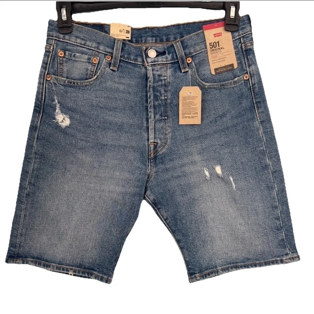 NWT Levi’s 501 Shorts Stretch Ripped Distressed Button Fly sz 30 8.75” rise New